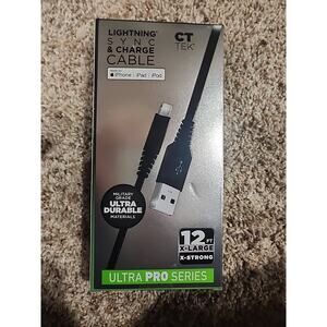 CT Tek Lightning Sync & Charge Cable Military Grade Durable 12 Ft MFi Certified